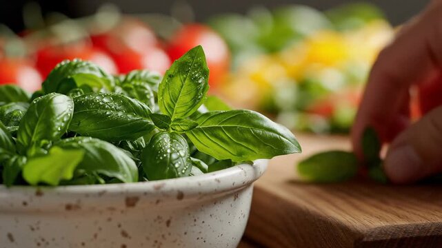 Fresh Basil Leaves in Bowl with Tomatoes and Peppers Background