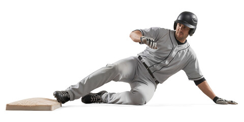 Baseball player in gray uniform sliding into a base on the field on isolated background