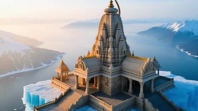 Surreal aerial view of majestic Lord Shiva temple architecture built on a floating blue ice mountain peak illuminated by soft morning light.
