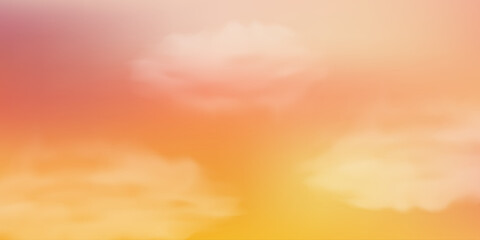 Fototapeta premium Warm sunset sky with glowing clouds in orange and yellow hues, creating a dreamy gradient backdrop perfect for peaceful evening scenes and atmospheric designs. Vector illustration.
