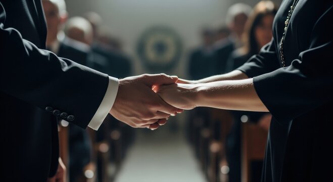 Funeral farewell emotion shown by hands holding tightly, gesture of care and empathy, shared loss moment, respectful mourning environment with cinematic depth and soft background