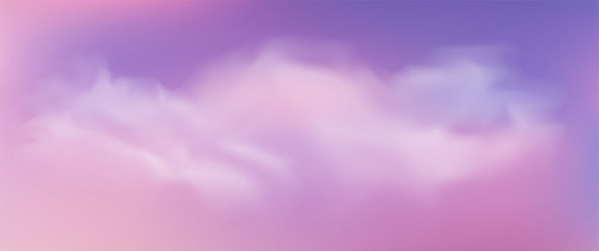 Pastel sky blends pink and purple hues in a realistic gradient, featuring fluffy clouds at dusk with golden light creating a serene twilight atmosphere. Vector illustration.