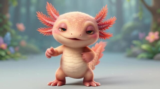 Adorable happy axolotl character dancing with a thumbs up gesture in a 3D animated style for kids concepts and marine life positivity.