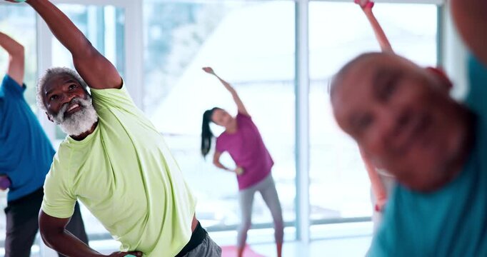 Senior people, workout and dumbbells in class, flexibility or stretching to prevent muscle stiffness. Gym, fitness and exercise with elderly friends, together and training with equipment and cardio