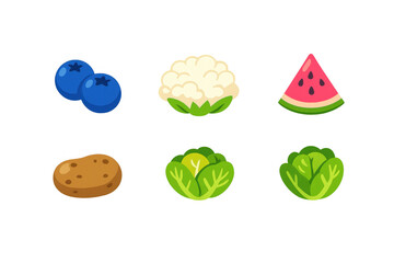 Cartoon inspired fruits and vegetables sticker set for healthy eating, diet, vegan, and vegetarian concepts, transparent background