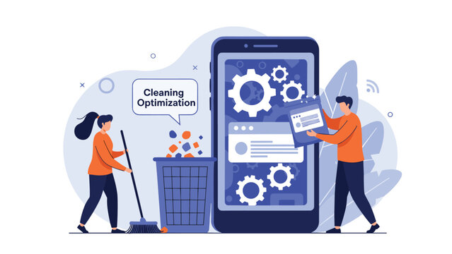 People optimizing and cleaning a giant smartphone, removing digital junk and adjusting settings to improve mobile performance.