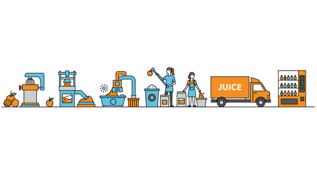 Step-by-step infographic showing the entire production line process of making orange juice from fresh fruit to the final product.