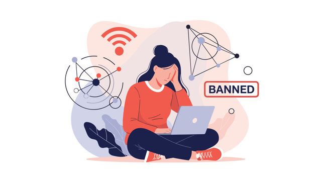 Upset woman with a laptop showing a banned message, illustrating the concept of being blocked online, account suspension, or censorship.