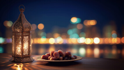 Naklejka premium Warm lantern light by dates with city blur, created AI