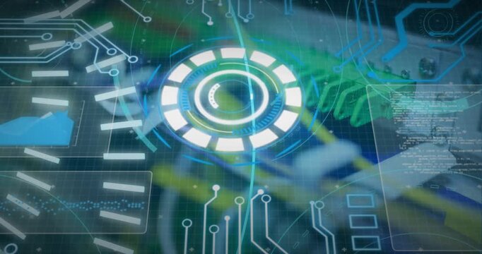 Animation of 5g text, circles, radars and database over back panel of server storage equipment