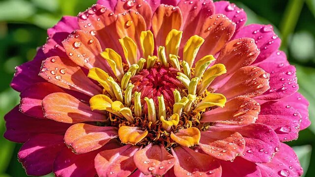 Vibrant pink and orange zinnia in full bloom