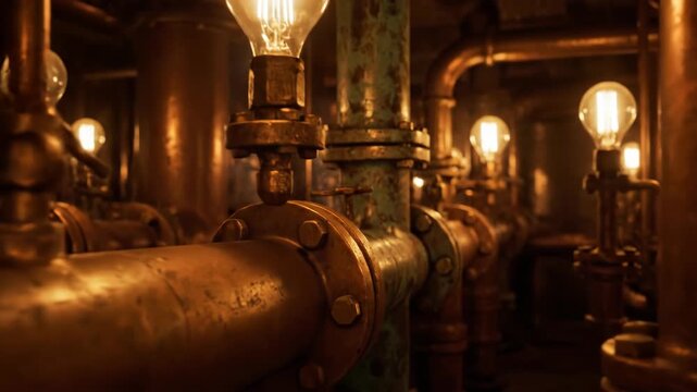 Industrial Pipe System Footage Video, Copper Pipes, Dimly Lit Industrial Environment, Close-up View