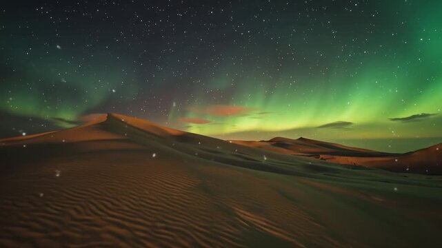 4K cinematic video, desert dunes morphing slow-moving waves, twilight sky aurora colors, glowing sand reflections, shadows twisting impossible angles, drifting glowing particles, ethereal mystical