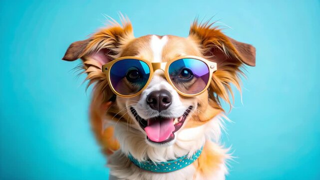 Happy dog wearing sunglasses and a colorful collar against a blue background, close up