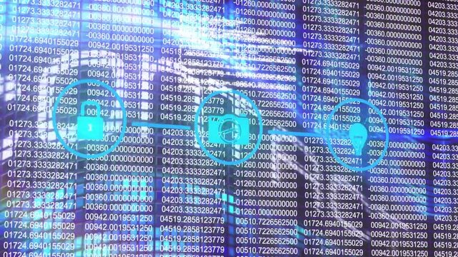 Animation of network of digital icons over contact us text banner and binary coding data processing