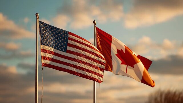 Flags of canada and the united states flying together outdoor setting scenic view symbolizing unity
