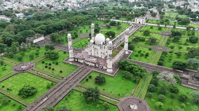 Bibi ka Maqbara, Aurangabad, India 4k drone aerial view