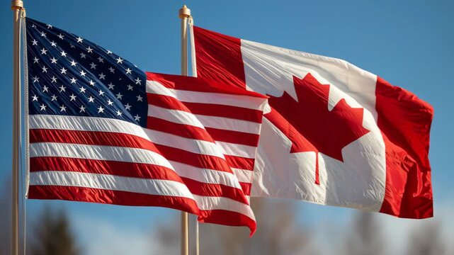Flags of canada and the usa flying together outdoor setting photography national symbols unity