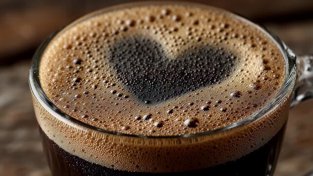 A close-up view of a coffee cup with a heart-shaped pattern in the frothy foam. the rich, dark coffee and textured bubbles create a warm, inviting atmosphere, ideal for branding, cafe decor, and marke