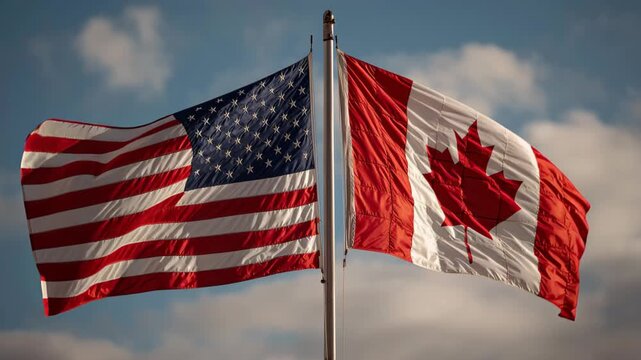 Flags of canada and the usa waving together outdoor setting photography national pride close-up perspective