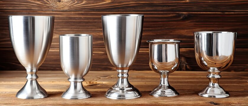 Medieval-style goblets in different shapes and sizes displayed against a wooden background in a rustic setting