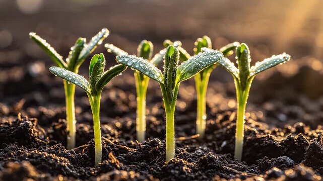 Young seedlings in soil with dew