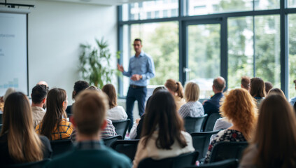 Obraz premium Speaker presenting to an engaged audience in a modern conference room with large windows