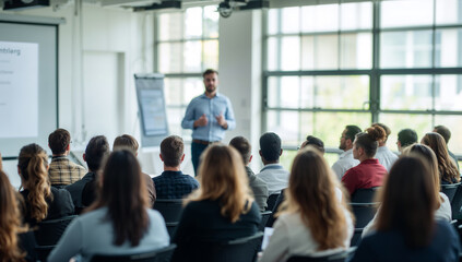 Fototapeta premium Man presenting to an audience in a modern conference room with large windows
