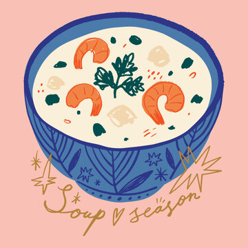 I love soup lettering cooking concept in a trendy minimalistic Scandinavian childish dry brush style. Vector illustration. Isolated fish and vegetables, greens, milk cream, carrot and shrimps