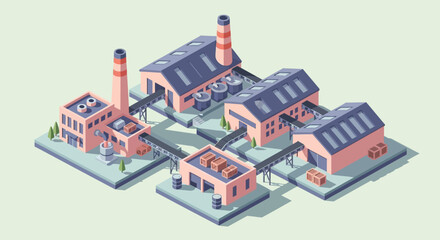 Fototapeta premium Isometric Industrial Factory Complex with Multiple Buildings and Smokestacks in Production.