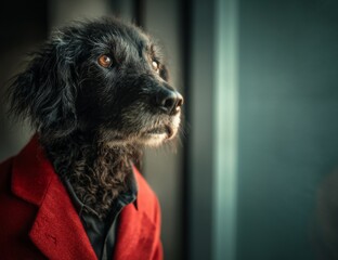 Close up portrait of curly black dog wearing red coat in soft window light