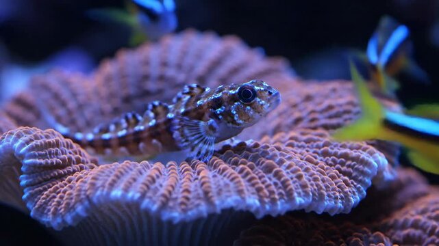 Small fish resting on coral reef in a saltwater aquarium environment