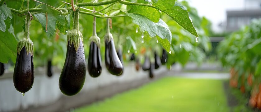 Eggplants grow on lush vines in a vegetable garden with green grass and blurred farmland in the background captured on a Canon camera