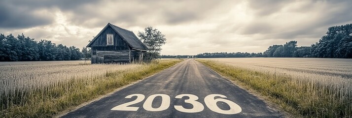 Scenic Highway Journey Beautiful Countryside with Bright Signage Indicating Destination 2036 Ahead