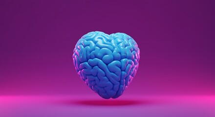 Blue brain in heart shape on purple background with pink glow, symbolizing love and intelligence, brain in heart shape