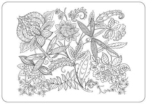 Floral coloring pages with paisley motifs, blooming flowers, leaves, curls and buds. Hand drawn vector line art, black and white monochrome illustration for adult and kids coloring.