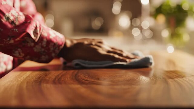 Person cleaning wooden table