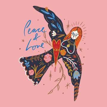 Bird with woman face ornate painting postcard with random organic shapes in freehand style. Includes face, bird, floral art. Vector illustration clipart.