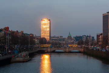 Sunset Reflections on Liberty Hall and River Liffey, Dublin