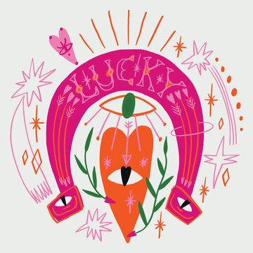 Bohemian freaky cool groovy postmodern funky pink lucky horseshoe lettering label with sacred heart motif, boho hippie sketch hand-drawn whimsical psychedelic illustration. Digital sticker, wild west