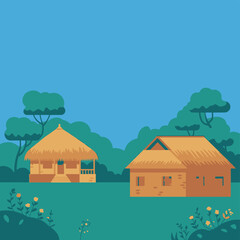 Naklejka premium Traditional Huts in a Green Landscape
