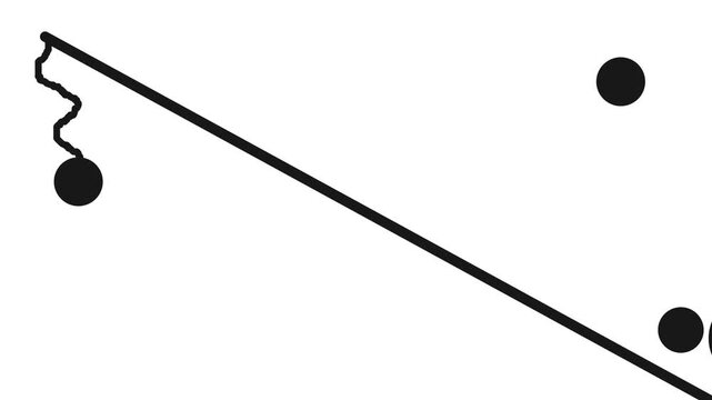 Balls roll down a stick positioned at a sharp angle. A circle on a string trembles at the tip.