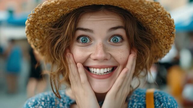 Outdoor trip photo of a surprised woman. A young woman is taken aback by her journey. A girl on a summer vacation gets surprised.