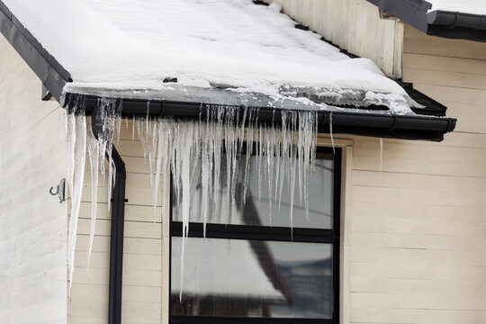 Icicles  Ice Dams from Roof Gutter of House Home are Dangerous. Large Huge Icicles as Poor Insulation and Heat Loss. 