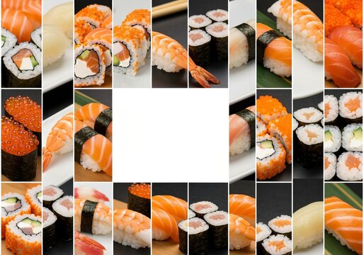 Sushi Extravaganza A Panoramic Feast Showcasing Colorful Sushi Rolls, Fresh Fish, and Rice Delights