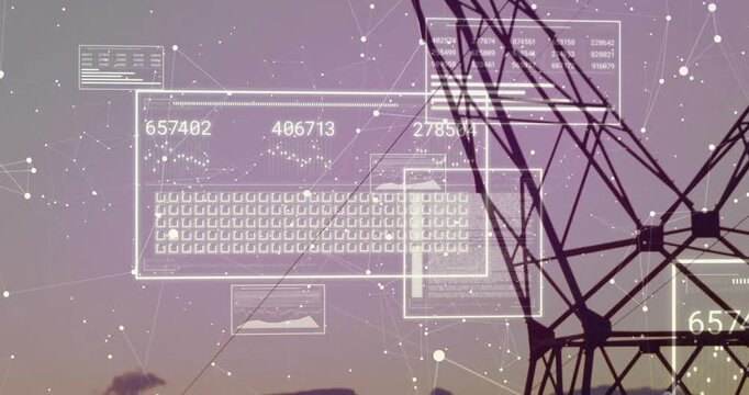 Twilight sky driving UI panels floating updating numeric values as pylon shifting showing data flow