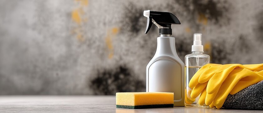 Black mold removal supplies on a wall with yellow gloves and a sponge on the floor for cleaning tasks