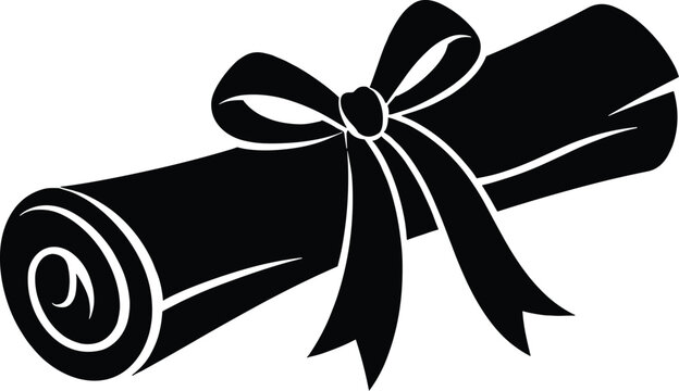 Minimal vector silhouette of a rolled diploma scroll tied with a ribbon bow, solid black, bold clean shapes, smooth curves, flat design, centered composition, isolated on a white background.