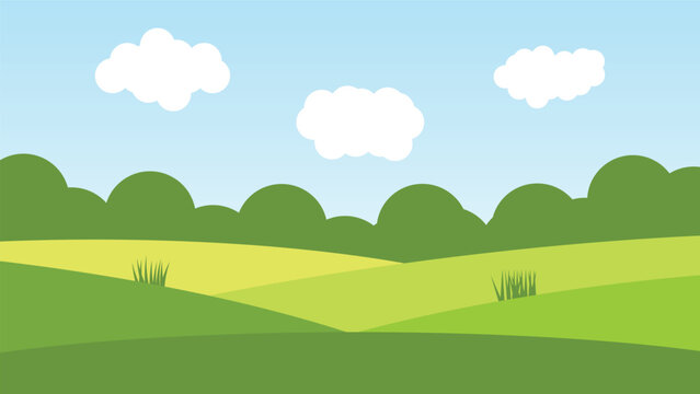 nature landscape cartoon scene. green hills with white fluffy cloud and blue sky