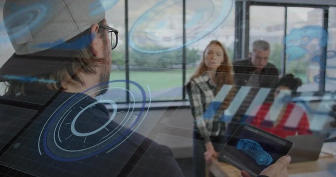Presenter swiping tablet screen and launching holographic car model in automotive design review